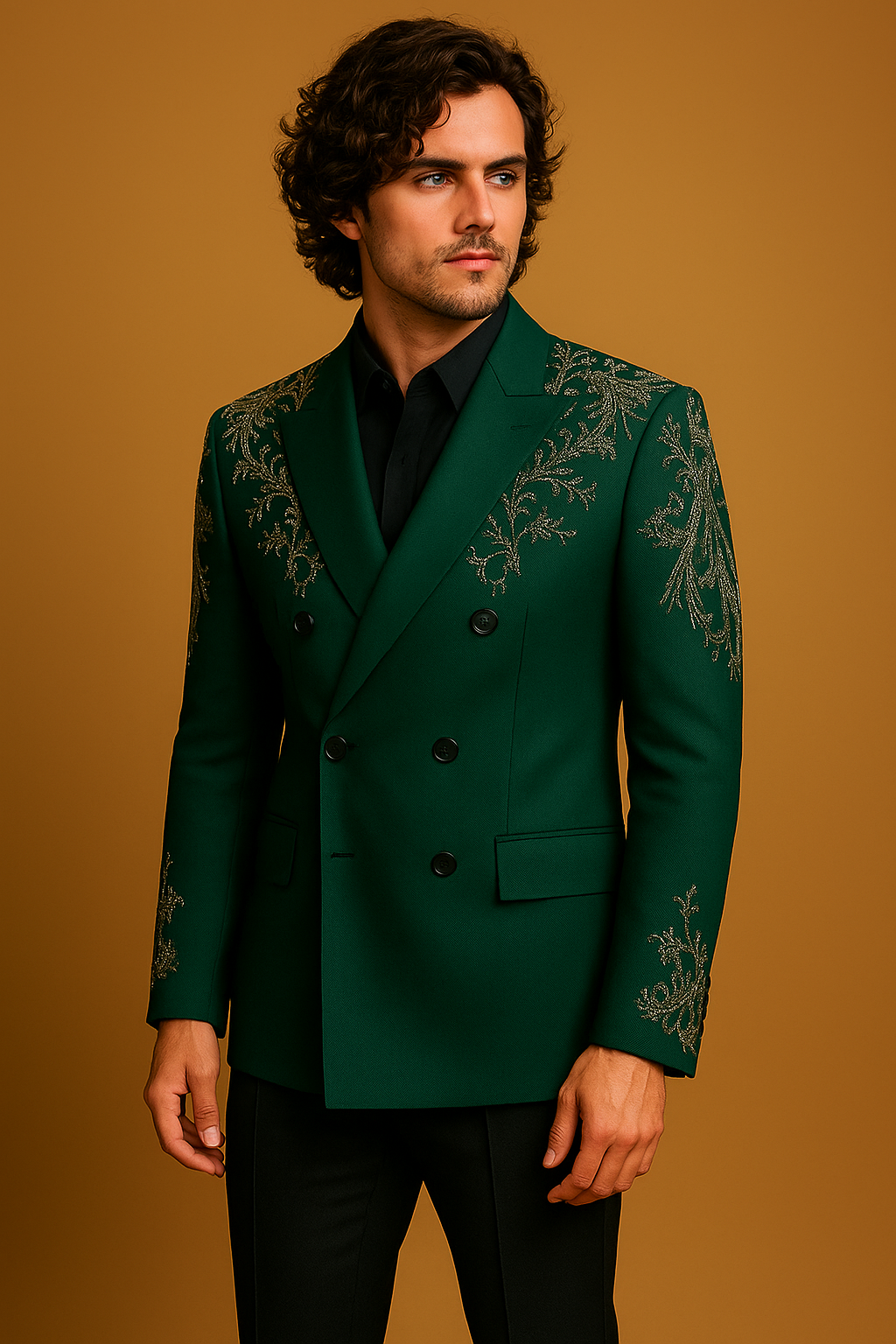 Man wearing a green embroidered blazer against a brown background