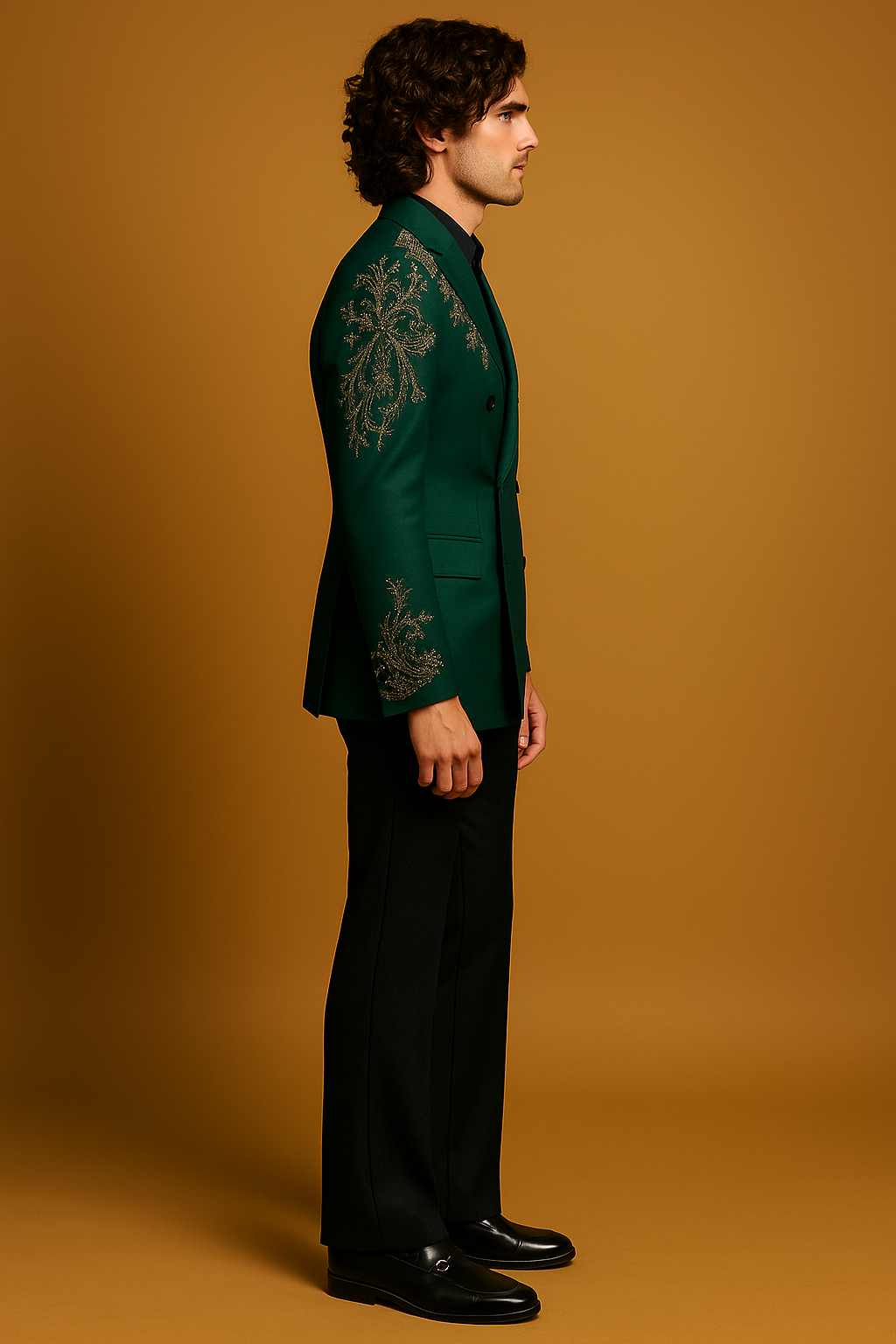 Bottle Green Embroidered Double-Breasted Suit | Black Pant Set