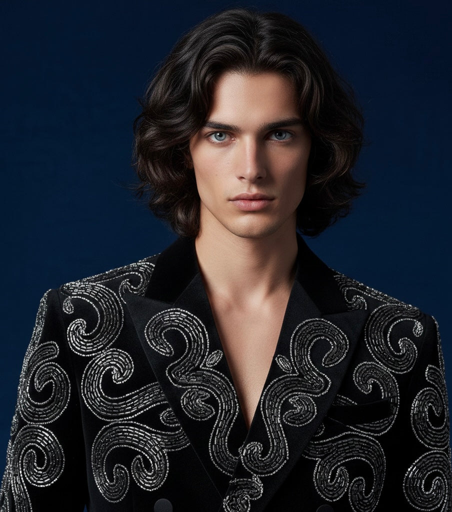 Black Luxury Velvet Suit with Intricate Embroidery | Premium Evening Wear for Men