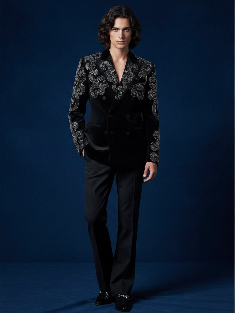 Black Luxury Velvet Suit with Intricate Embroidery | Premium Evening Wear for Men