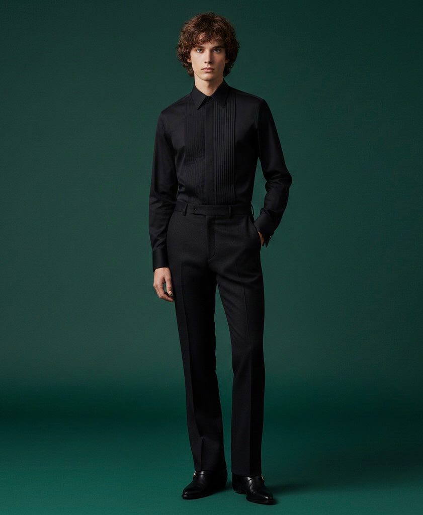 Black Pintuck Shirt with Bootcut Pants | Luxury Formal Wear for Men