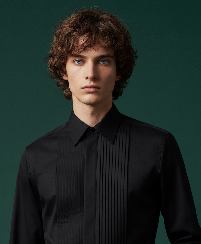 Black Pintuck Shirt with Bootcut Pants | Luxury Formal Wear for Men