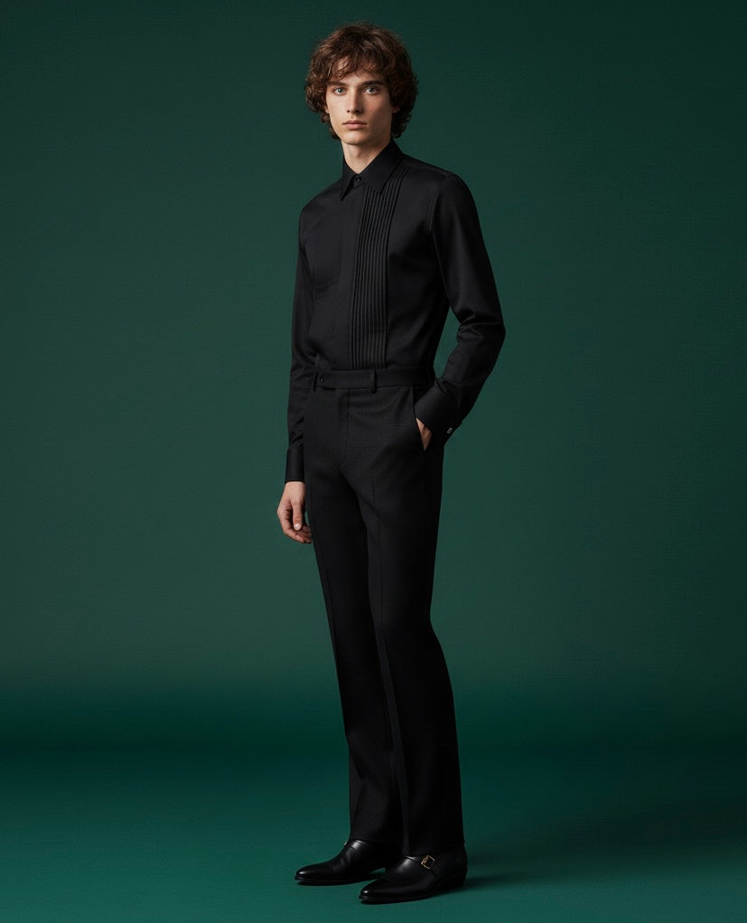Black Pintuck Shirt with Bootcut Pants | Luxury Formal Wear for Men