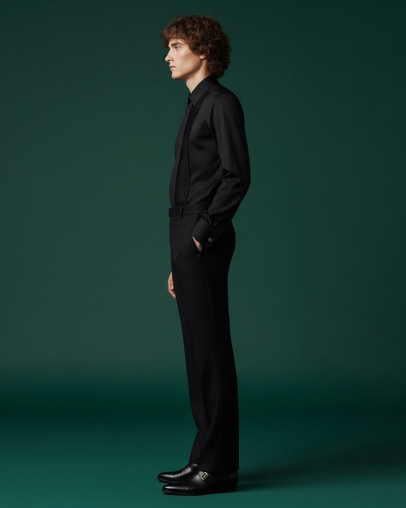 Black Pintuck Shirt with Bootcut Pants | Luxury Formal Wear for Men