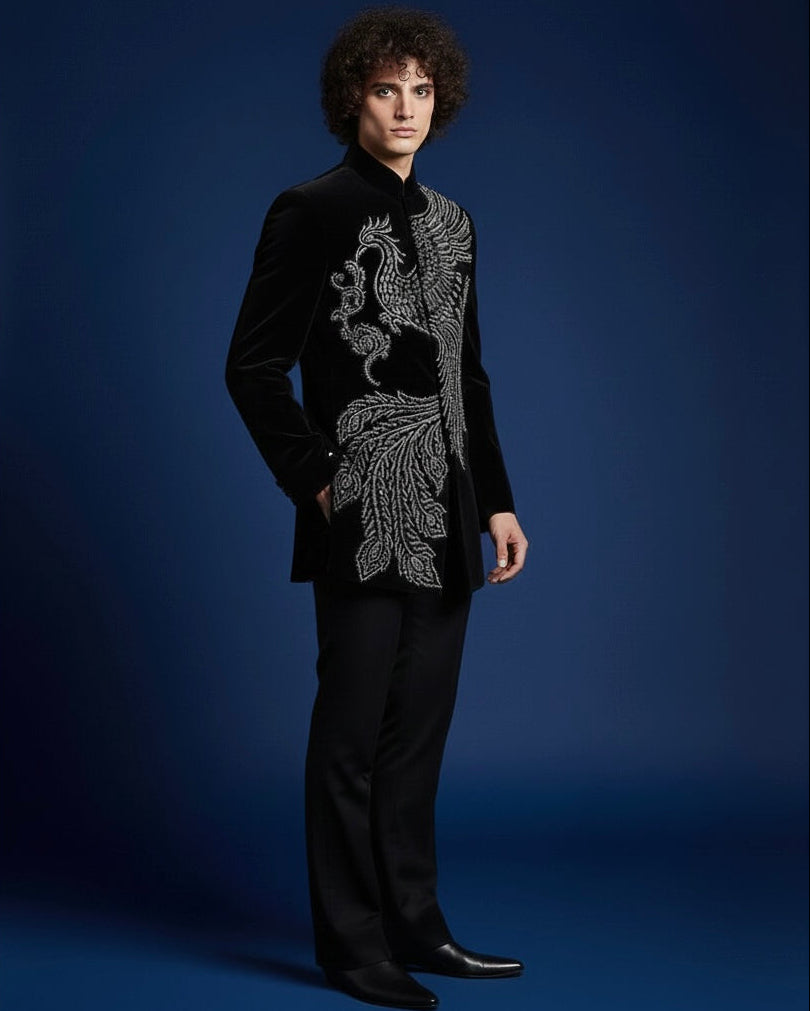 Black Velvet Jodhpuri Suit with Silver Embroidery | Luxury Ethnic Wear for Men