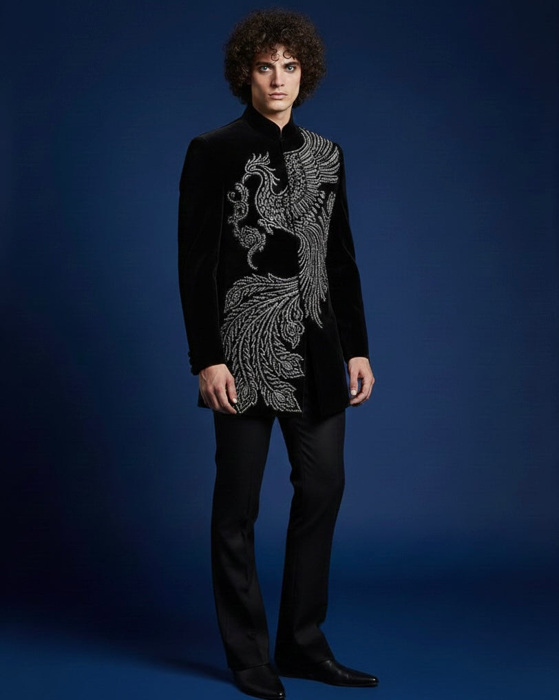 Black Velvet Jodhpuri Suit with Silver Embroidery | Luxury Ethnic Wear for Men