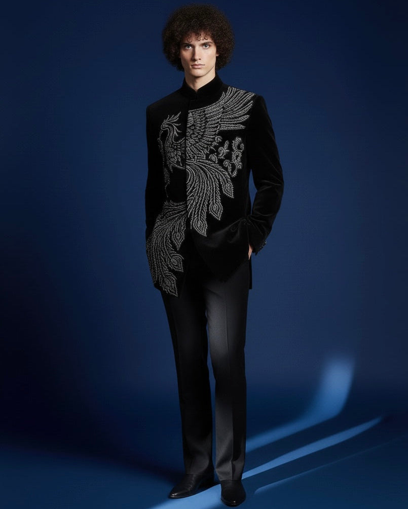 Man wearing a black suit with intricate silver embroidery against a dark blue background