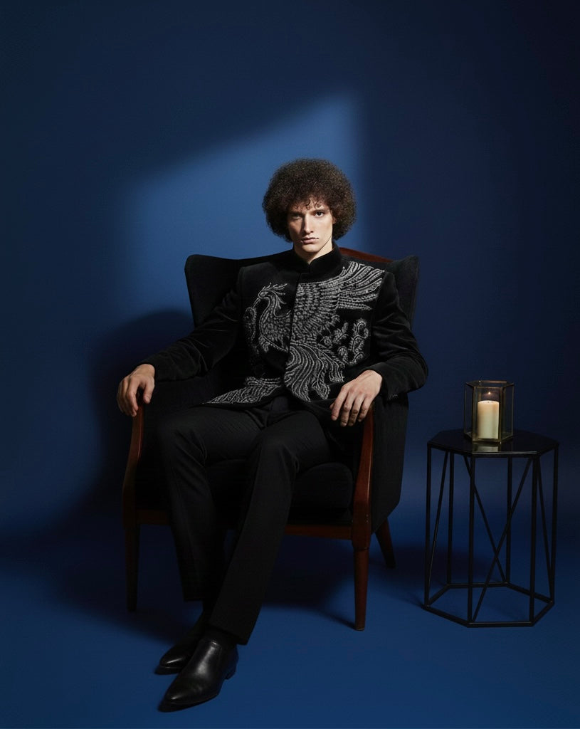Black Velvet Jodhpuri Suit with Silver Embroidery | Luxury Ethnic Wear for Men