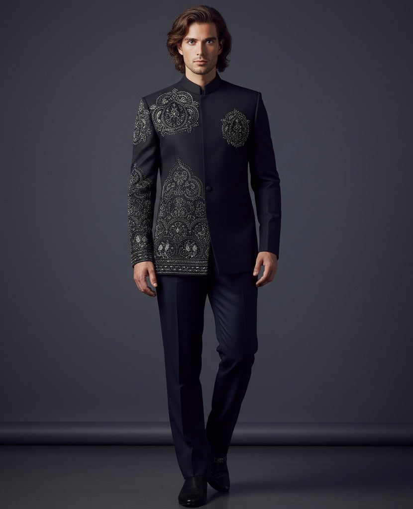 Black Jodhpuri Suit with Intricate Silver Embroidery | Luxury Ethnic Wear for Men