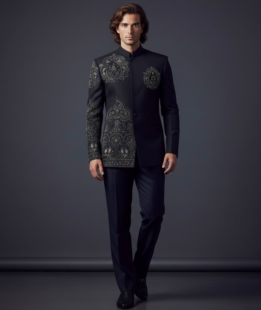 Black Jodhpuri Suit with Intricate Silver Embroidery | Luxury Ethnic Wear for Men