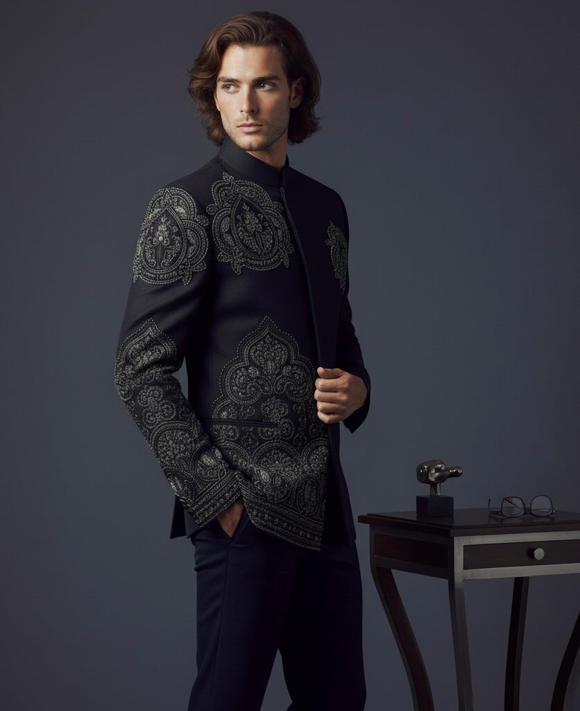 Black Jodhpuri Suit with Intricate Silver Embroidery | Luxury Ethnic Wear for Men