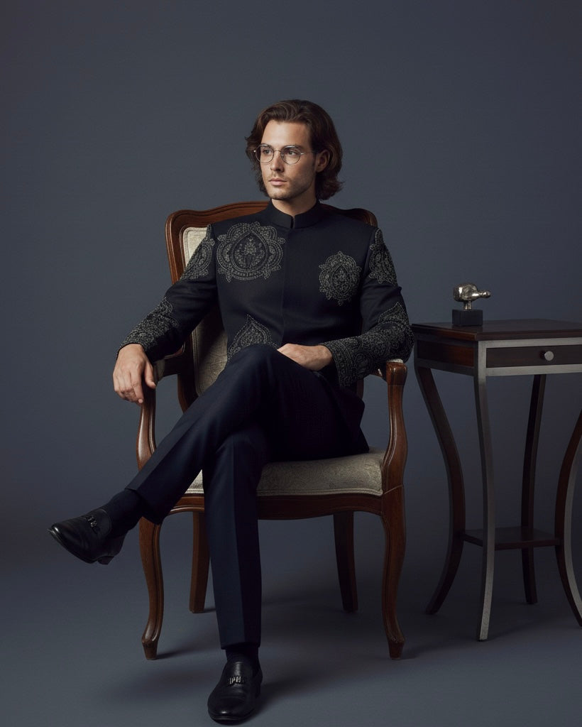 Black Jodhpuri Suit with Intricate Silver Embroidery | Luxury Ethnic Wear for Men