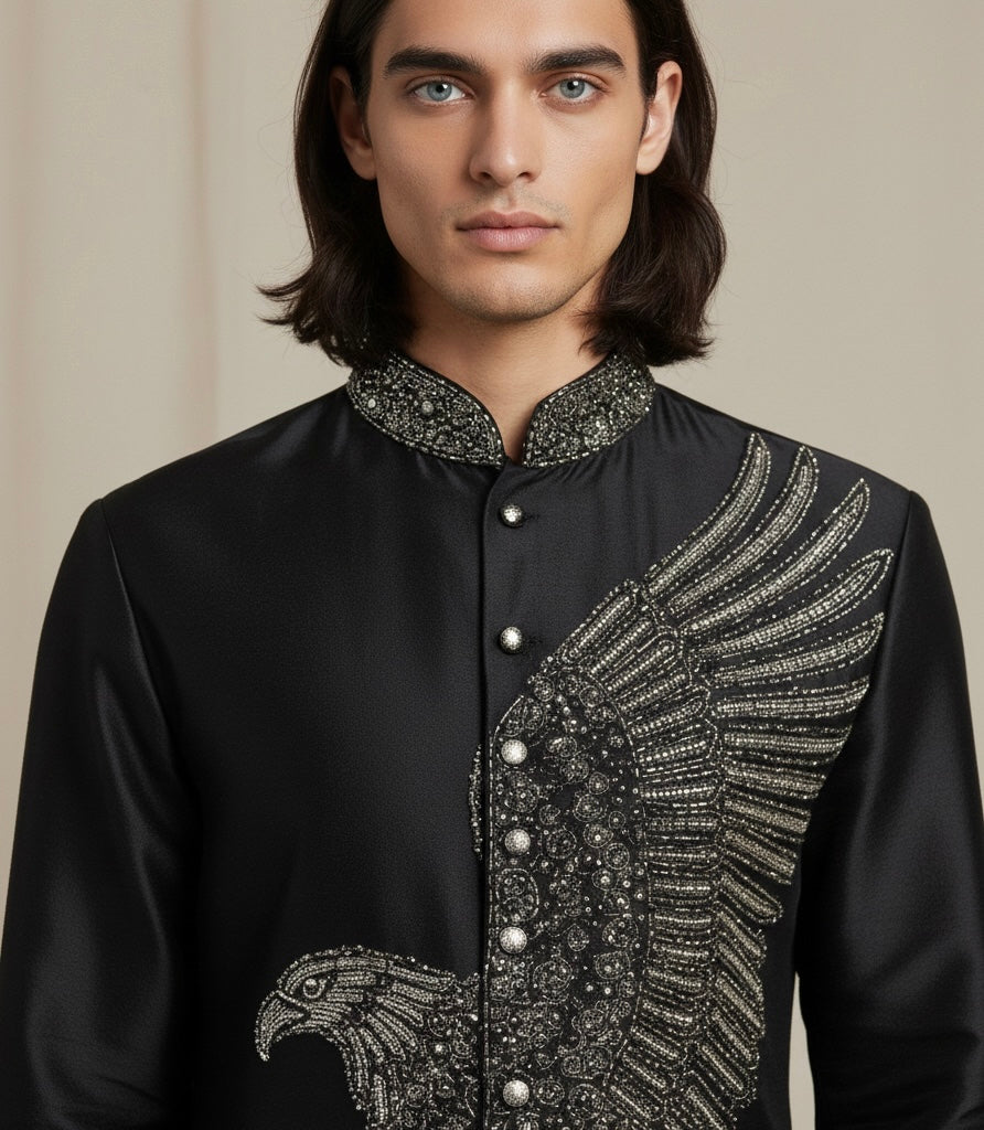 Black Embroidered Kurta for Men with Silver Detailing | Luxury Ethnic Wear