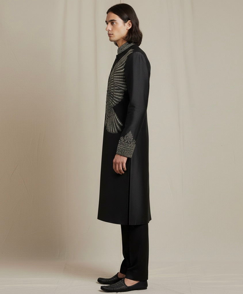 Black Embroidered Kurta for Men with Silver Detailing | Luxury Ethnic Wear