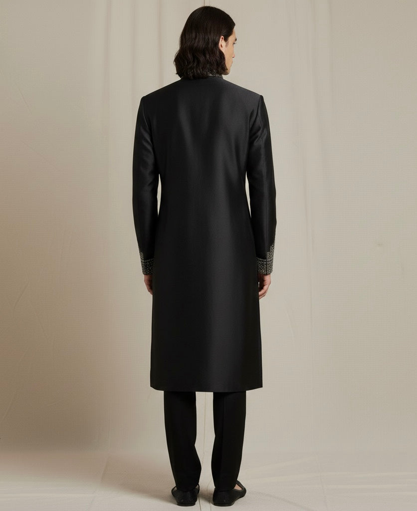 Black Embroidered Kurta for Men with Silver Detailing | Luxury Ethnic Wear