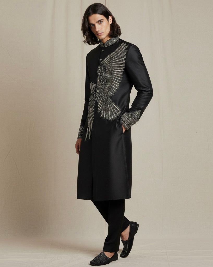 Black Embroidered Kurta for Men with Silver Detailing | Luxury Ethnic Wear
