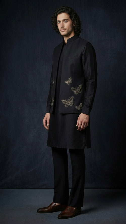Black Embroidered Kurta Set with Nehru Jacket | Luxury Ethnic Wear for Men