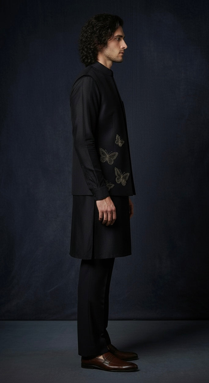 Black Embroidered Kurta Set with Nehru Jacket | Luxury Ethnic Wear for Men