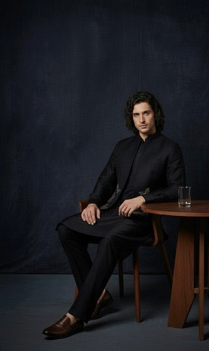 Black Embroidered Kurta Set with Nehru Jacket | Luxury Ethnic Wear for Men