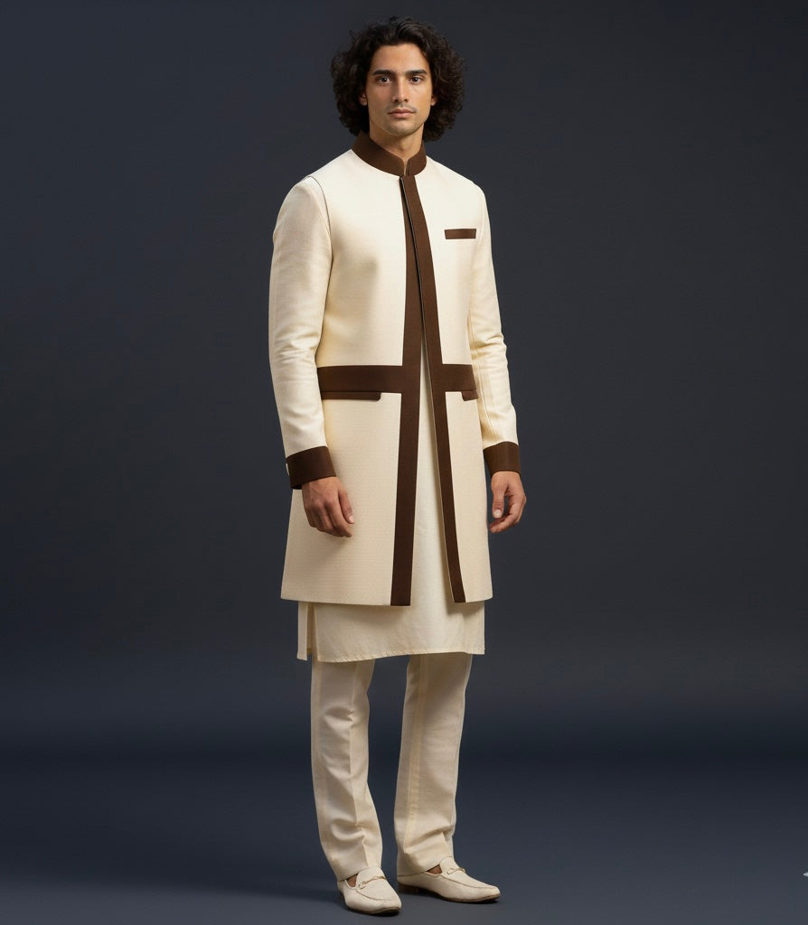 Cream & Brown Kurta with Long Nehru Jacket | Luxury Traditional Wear for Men