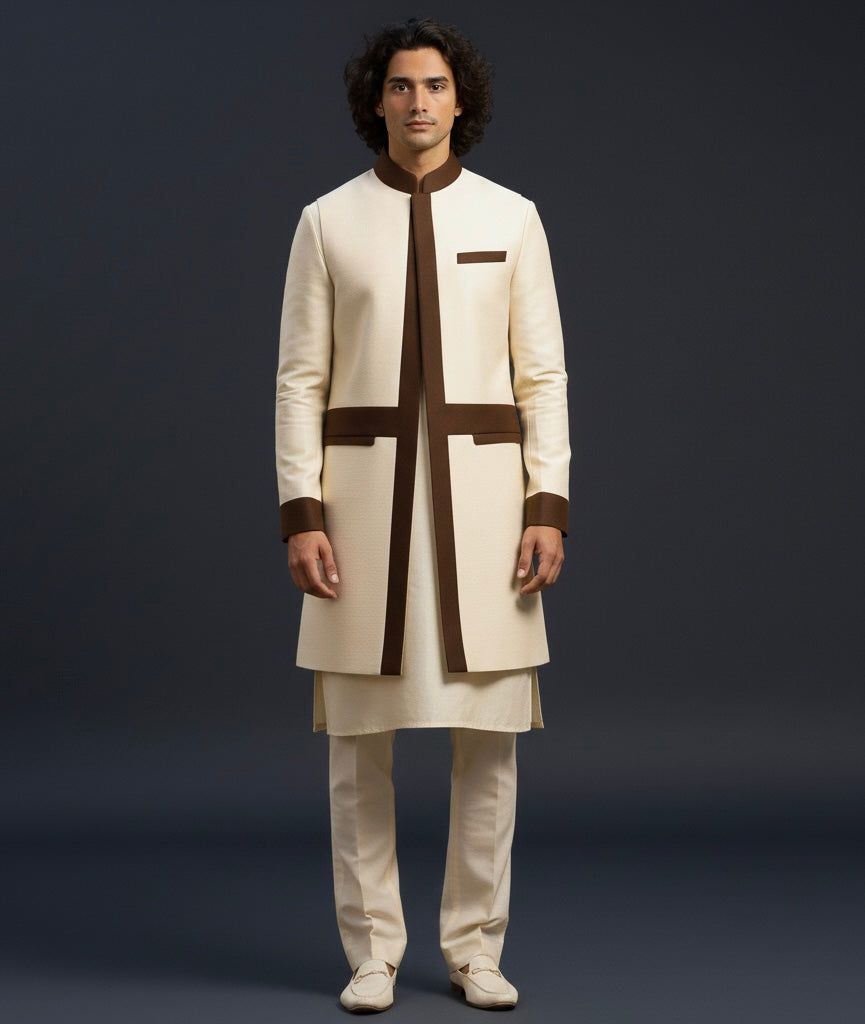 Man wearing a traditional cream and brown kurta against a dark background