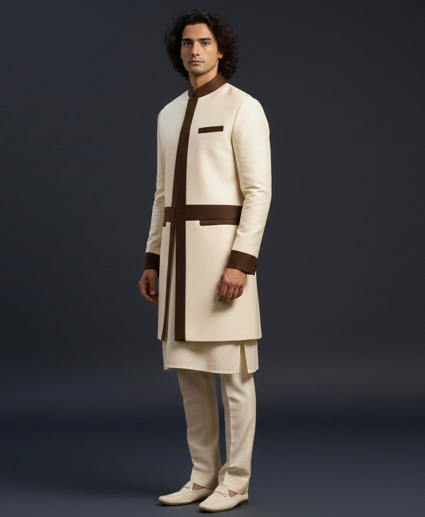 Cream & Brown Kurta with Long Nehru Jacket | Luxury Traditional Wear for Men
