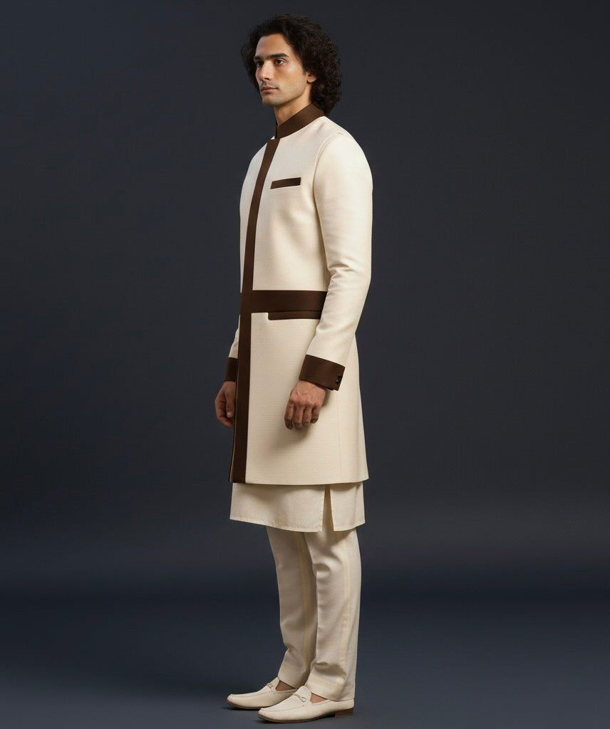Cream & Brown Kurta with Long Nehru Jacket | Luxury Traditional Wear for Men