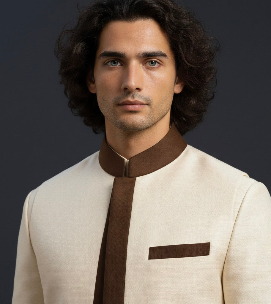 Cream & Brown Kurta with Long Nehru Jacket | Luxury Traditional Wear for Men