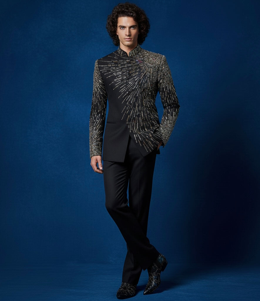 Luxury Hand-Embroidered Black Jodhpuri Suit with Heavy Metal Embroidery | Royal Designer Wear
