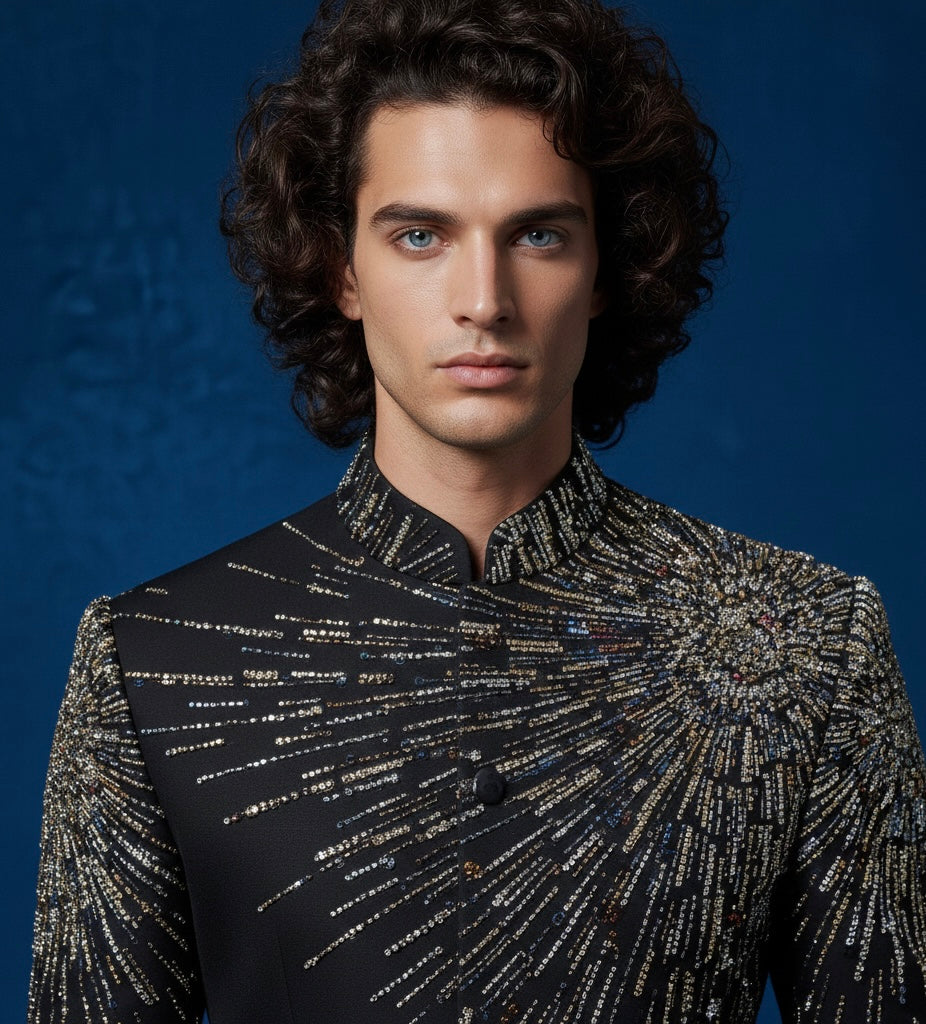 Luxury Hand-Embroidered Black Jodhpuri Suit with Heavy Metal Embroidery | Royal Designer Wear