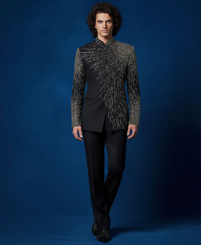 Luxury Hand-Embroidered Black Jodhpuri Suit with Heavy Metal Embroidery | Royal Designer Wear