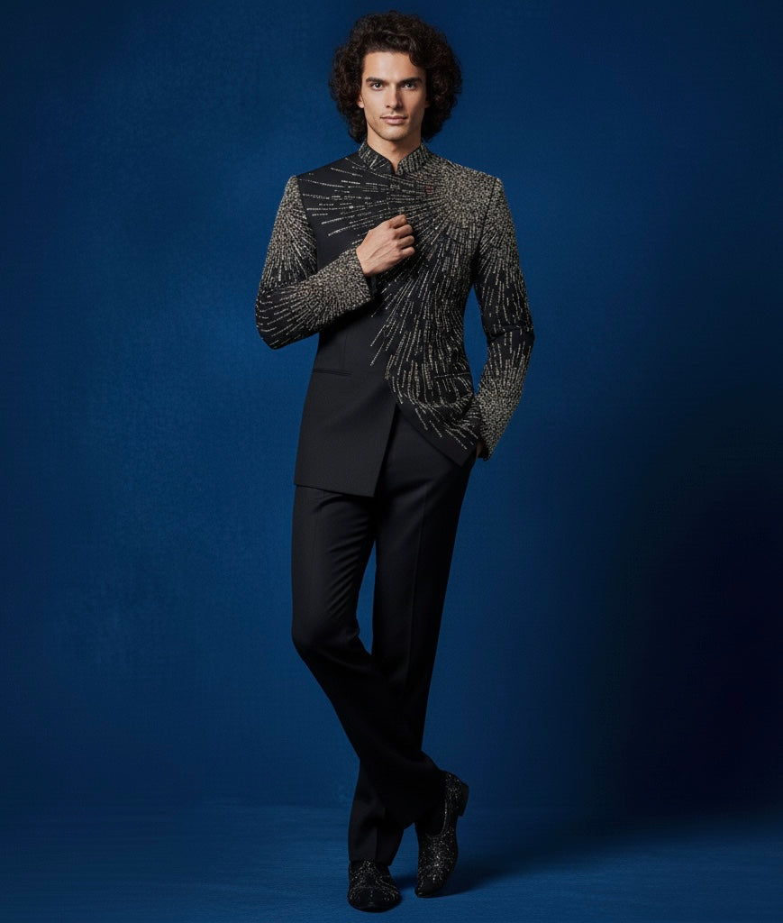 Luxury Hand-Embroidered Black Jodhpuri Suit with Heavy Metal Embroidery | Royal Designer Wear
