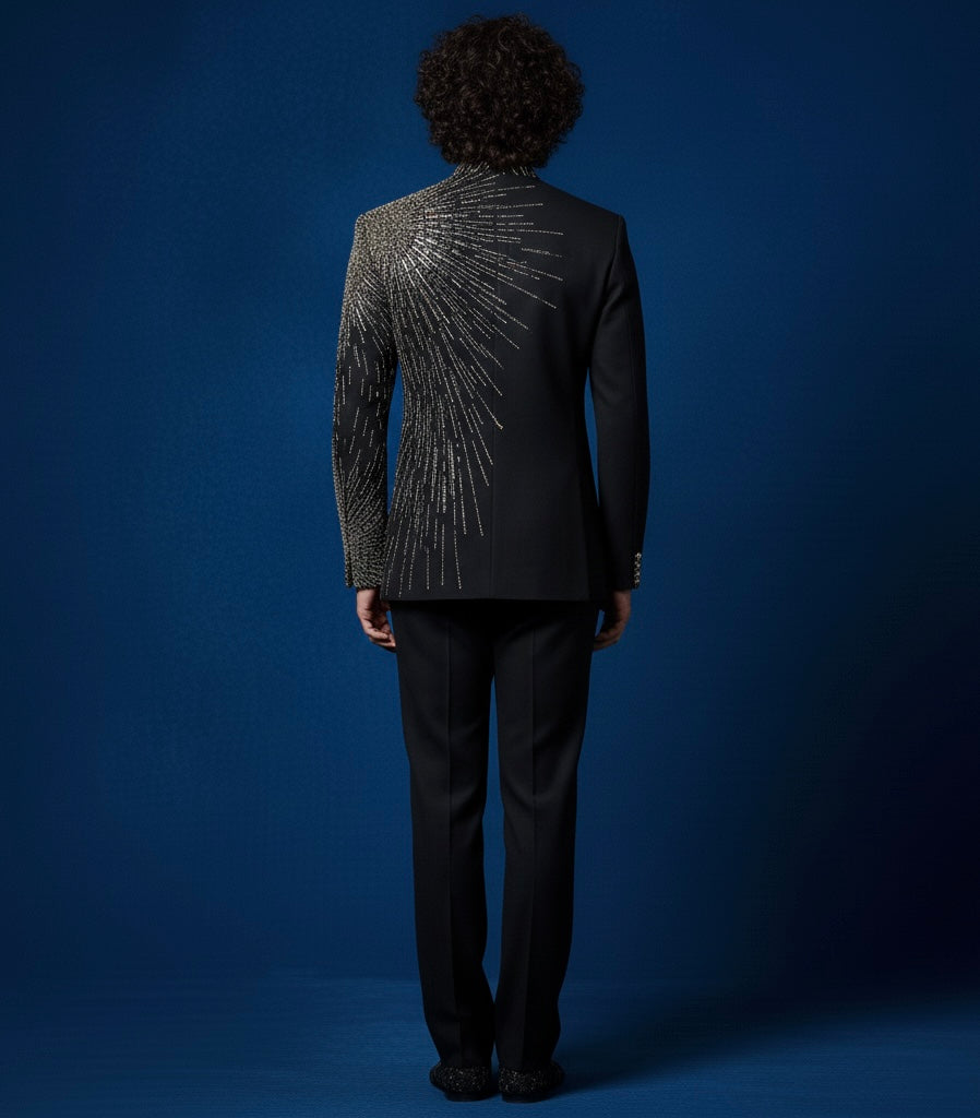 Luxury Hand-Embroidered Black Jodhpuri Suit with Heavy Metal Embroidery | Royal Designer Wear