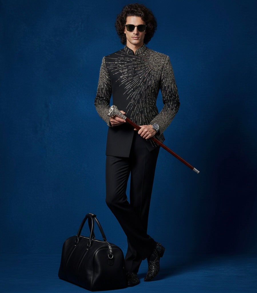 Man in a stylish outfit with a black bag and cane against a blue background