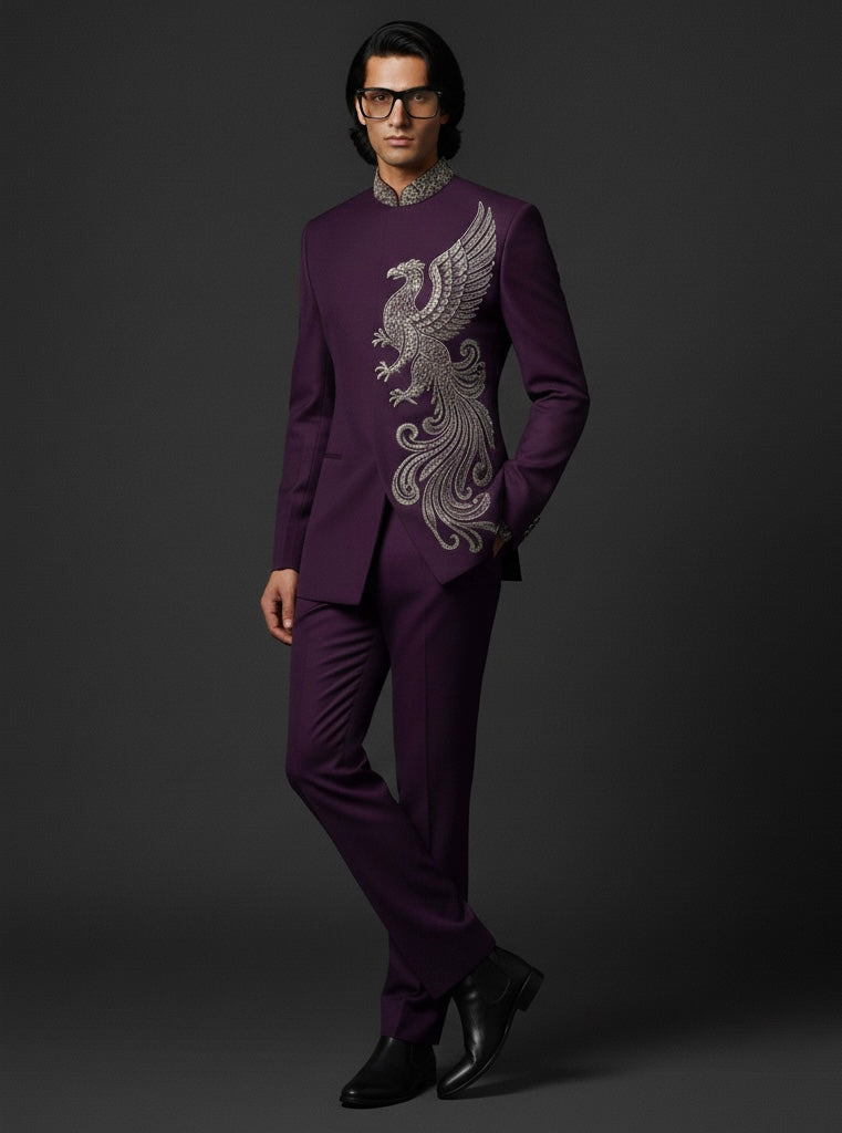 Purple Suit for Men with Intricate Silver Embroidery | Luxury Designer Wear