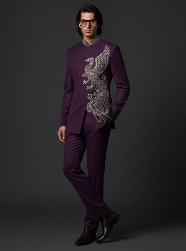 Purple Suit for Men with Intricate Silver Embroidery | Luxury Designer Wear