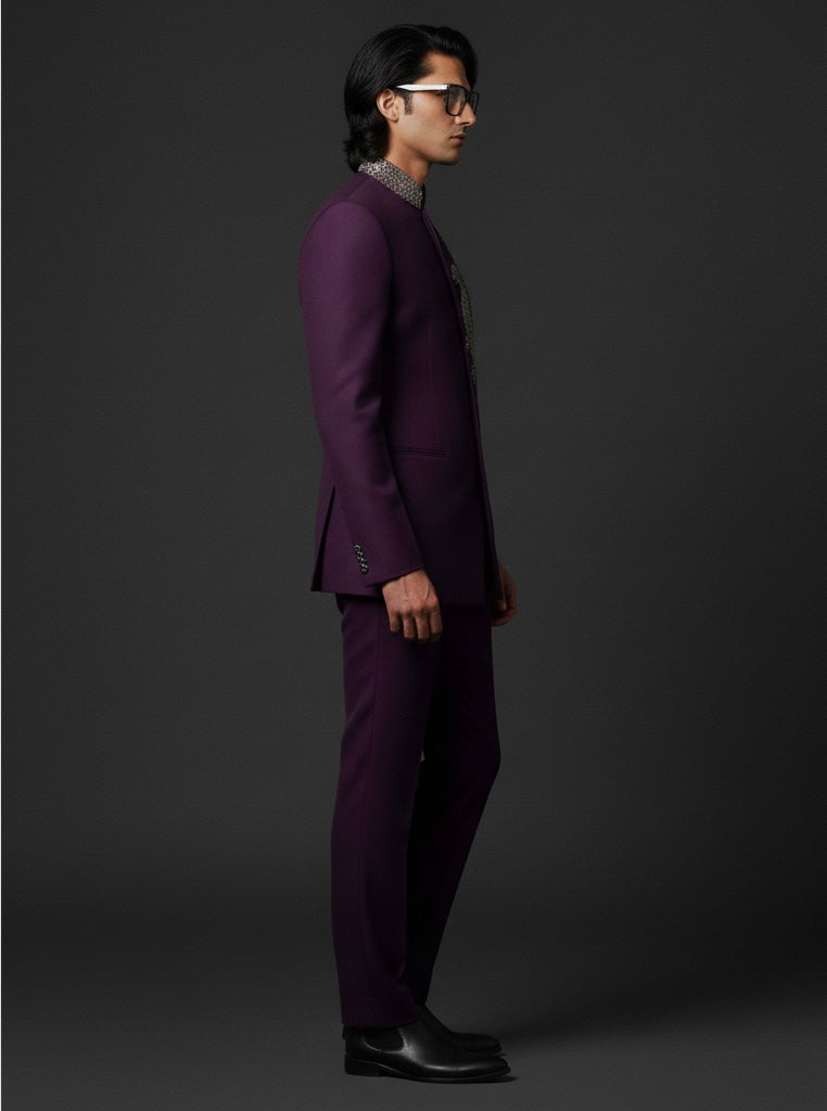 Purple Suit for Men with Intricate Silver Embroidery | Luxury Designer Wear