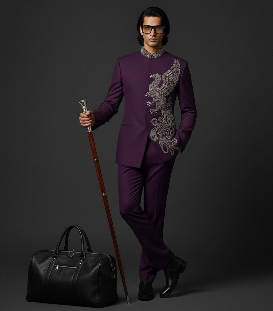Purple Suit for Men with Intricate Silver Embroidery | Luxury Designer Wear