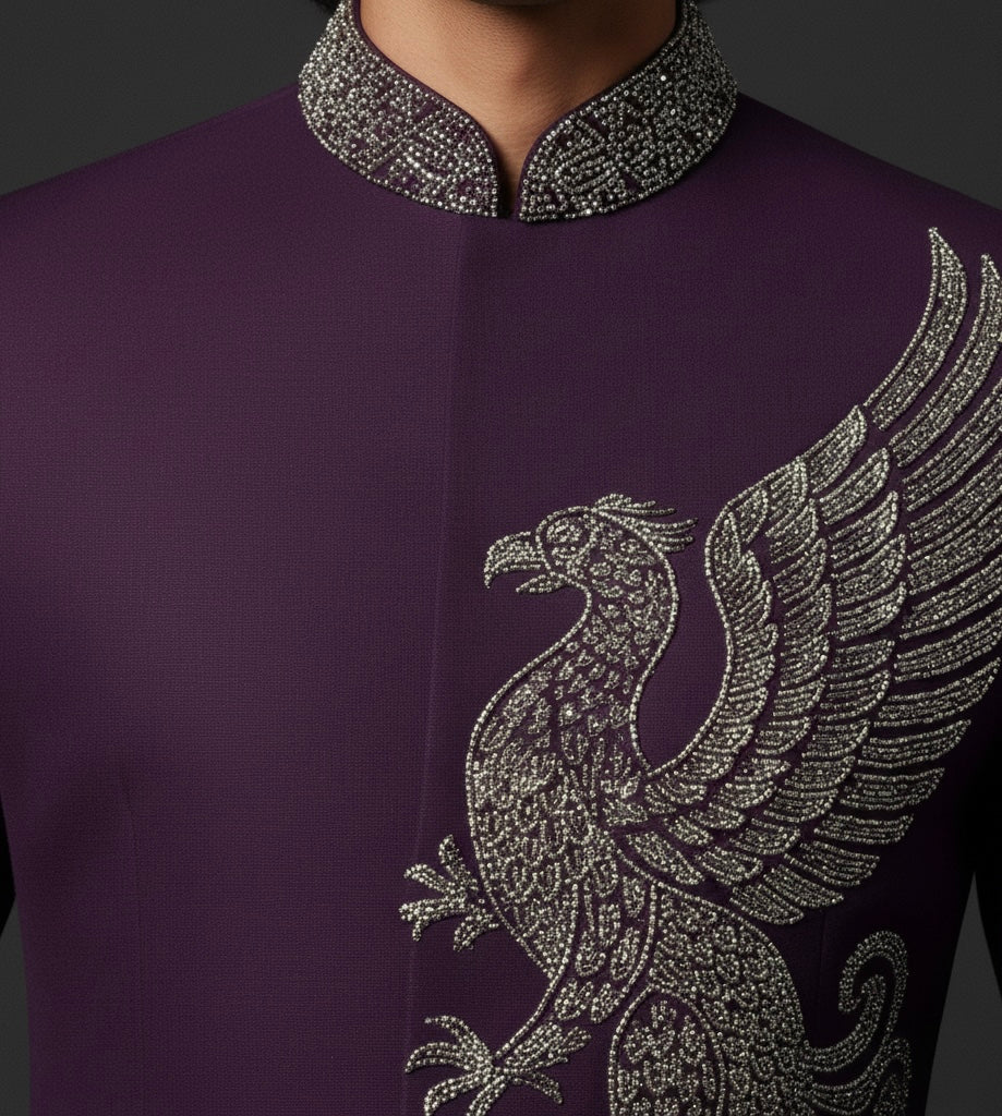 Purple Suit for Men with Intricate Silver Embroidery | Luxury Designer Wear