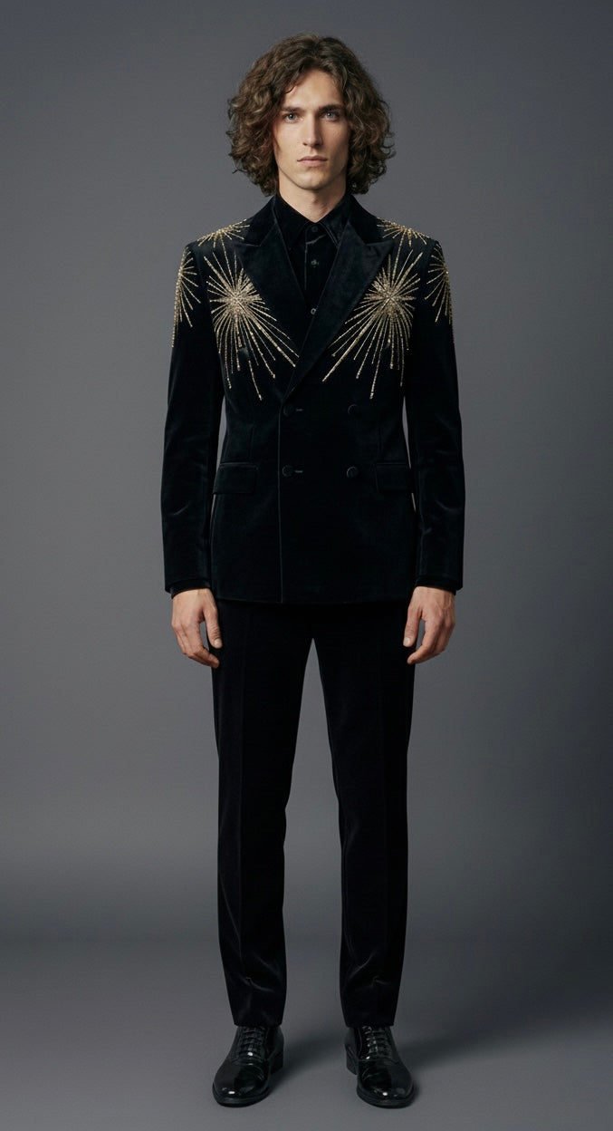 Luxury Double-Breasted Velvet Suit with Gold Star Embroidery | Designer Evening Wear