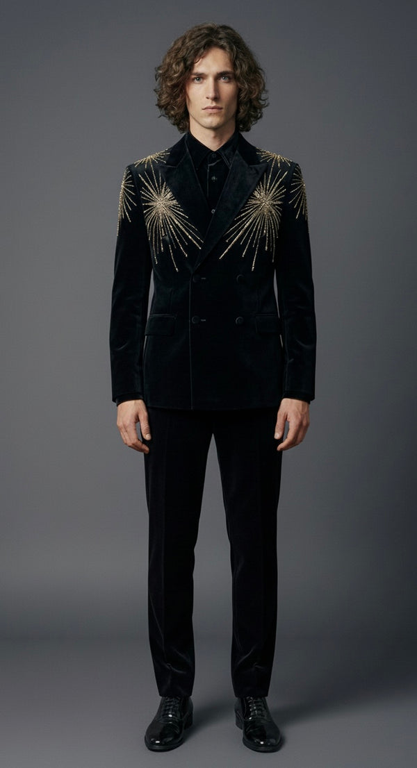Luxury Double-Breasted Velvet Suit with Gold Star Embroidery | Designer Evening Wear