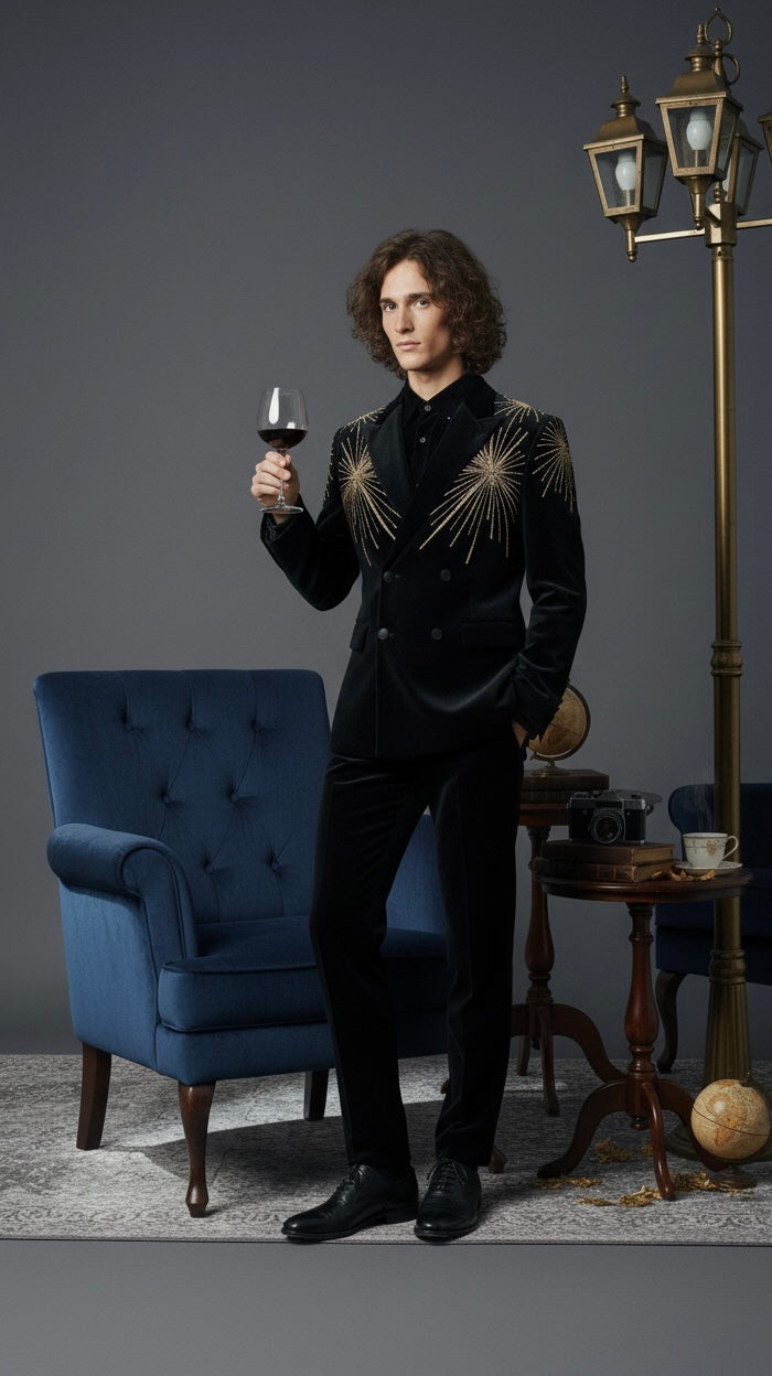 Luxury Double-Breasted Velvet Suit with Gold Star Embroidery | Designer Evening Wear