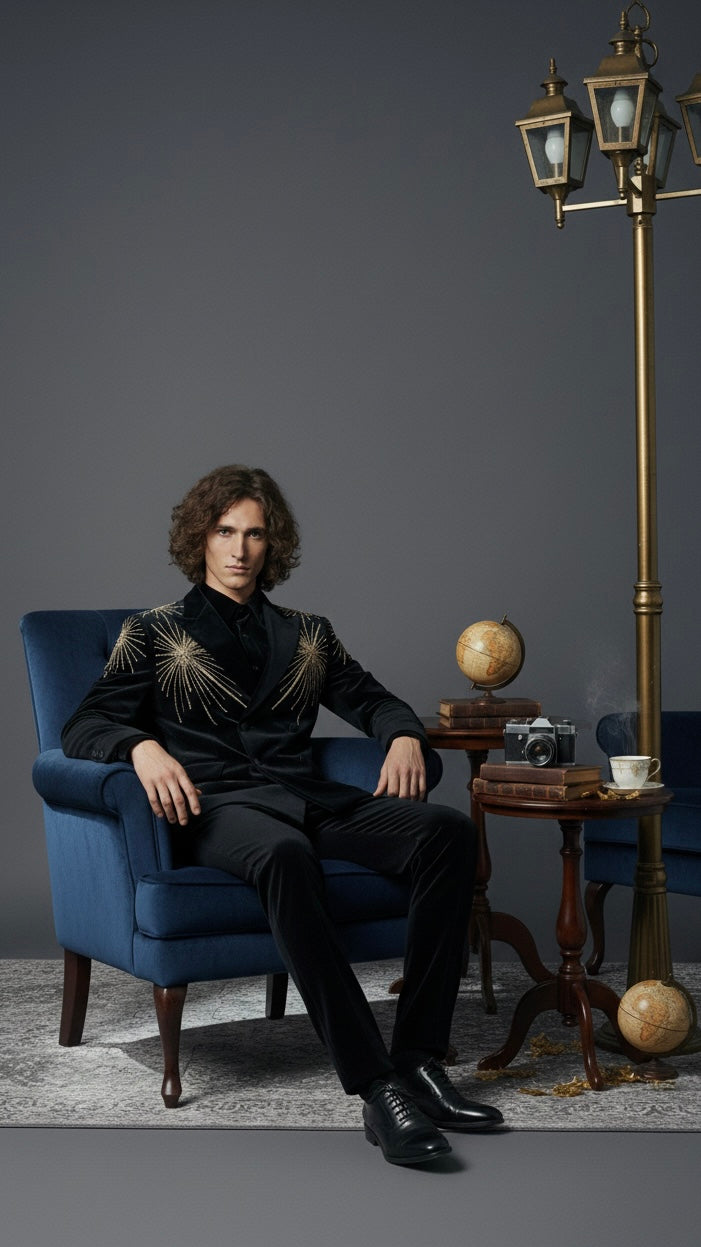 Luxury Double-Breasted Velvet Suit with Gold Star Embroidery | Designer Evening Wear