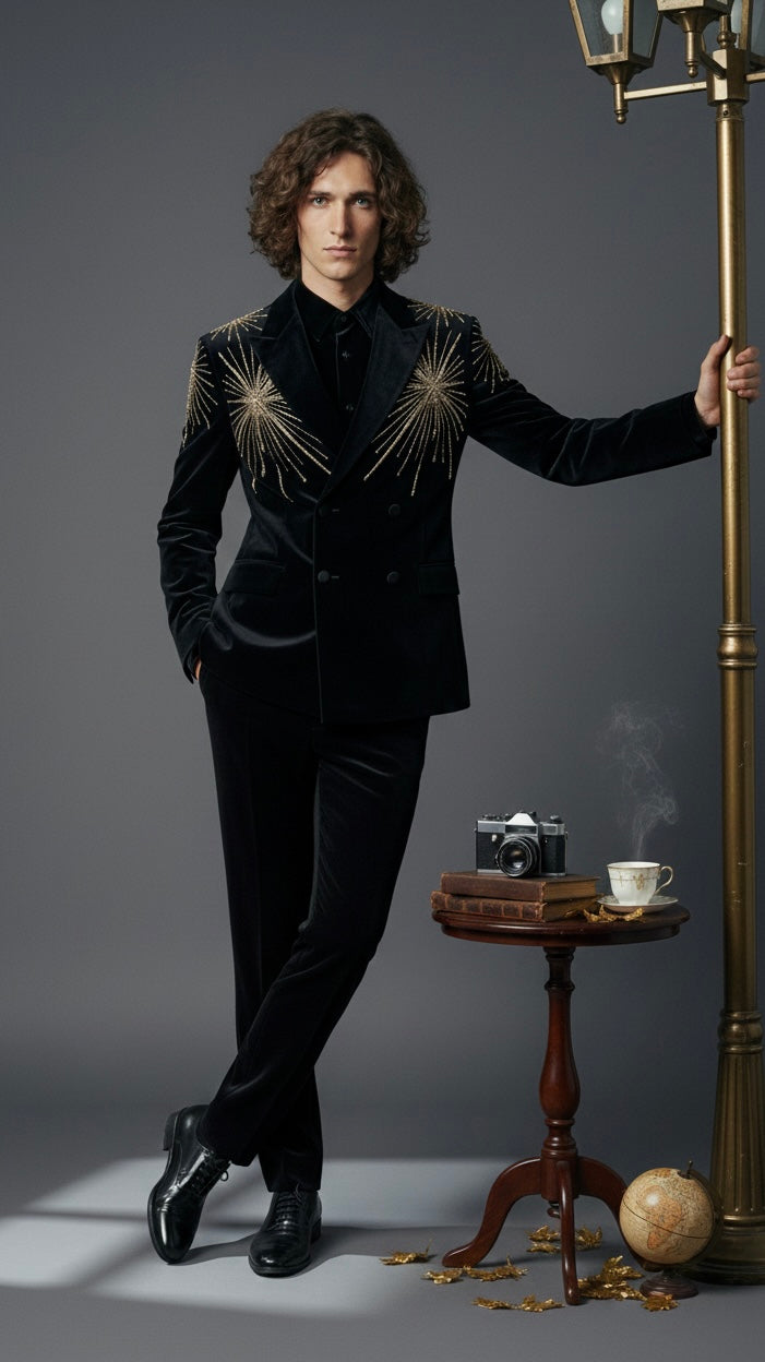 Man in a black suit standing next to a table with a camera and other items, against a gray background.