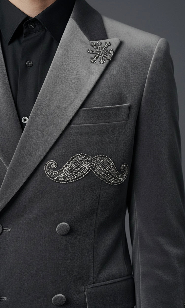 Velvet Grey Embroidered Blazer with Black Bootcut Pants | Luxury Evening Wear for Men