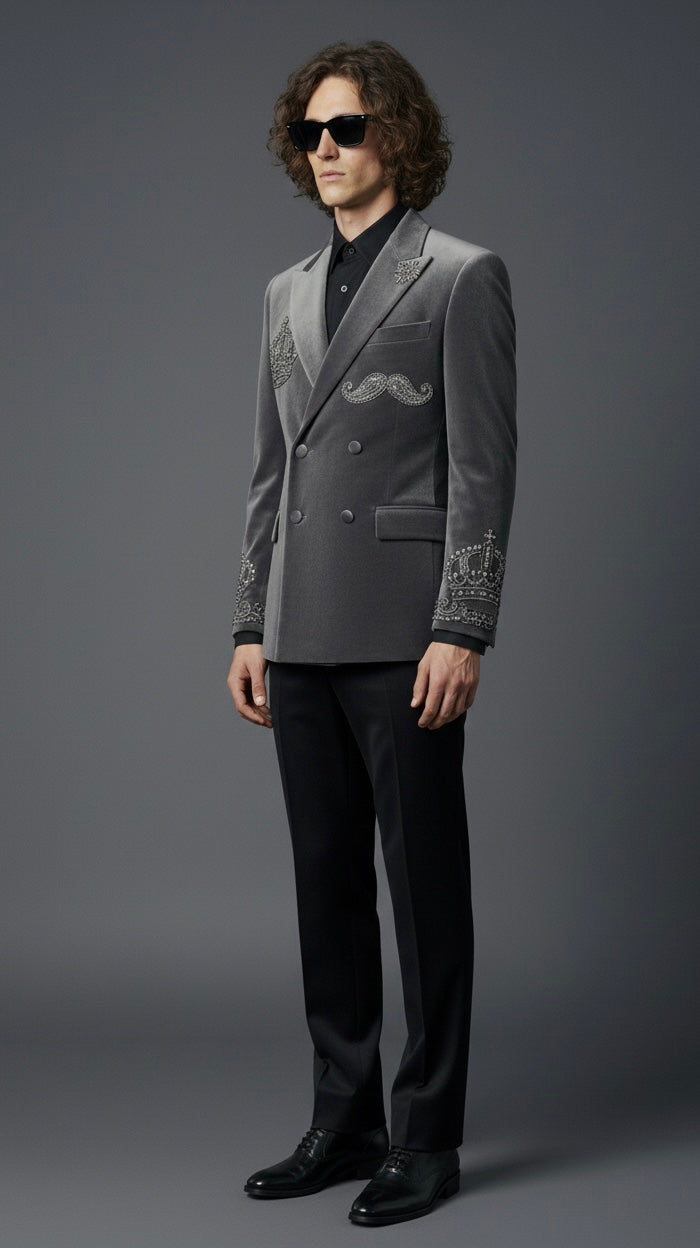 Velvet Grey Embroidered Blazer with Black Bootcut Pants | Luxury Evening Wear for Men