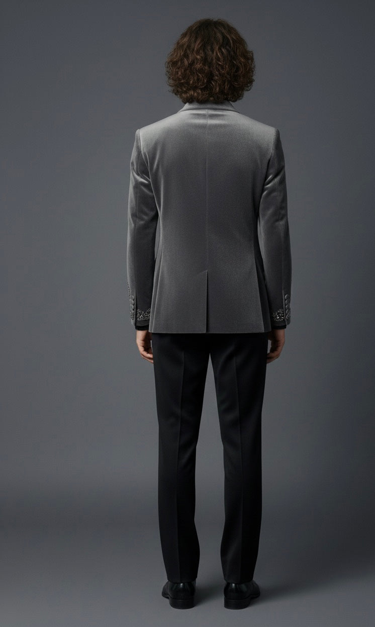 Velvet Grey Embroidered Blazer with Black Bootcut Pants | Luxury Evening Wear for Men