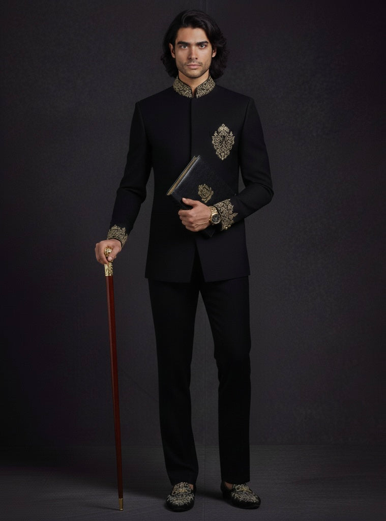 Black Embroidered Jodhpuri Suit for Men | Luxury Designer Bandhgala