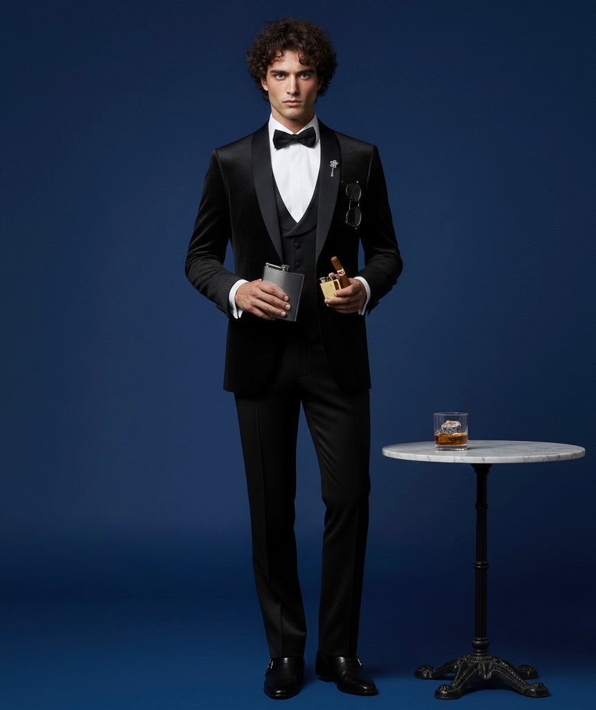 Black Velvet Tuxedo 3-Piece Set for Men | Luxury Evening Wear