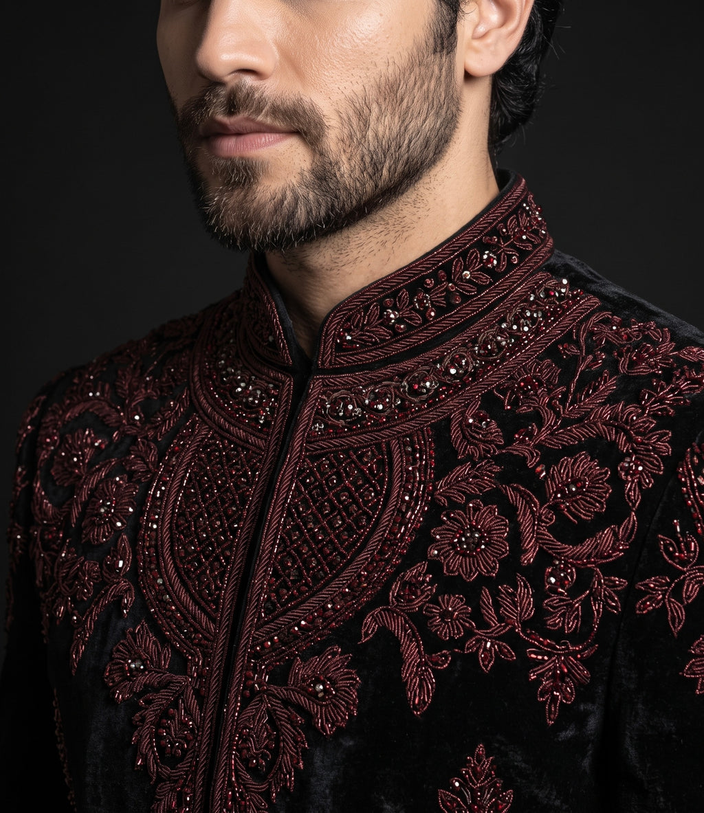 Men’s Black Sherwani with Maroon Embroidery – Royal Wedding Wear